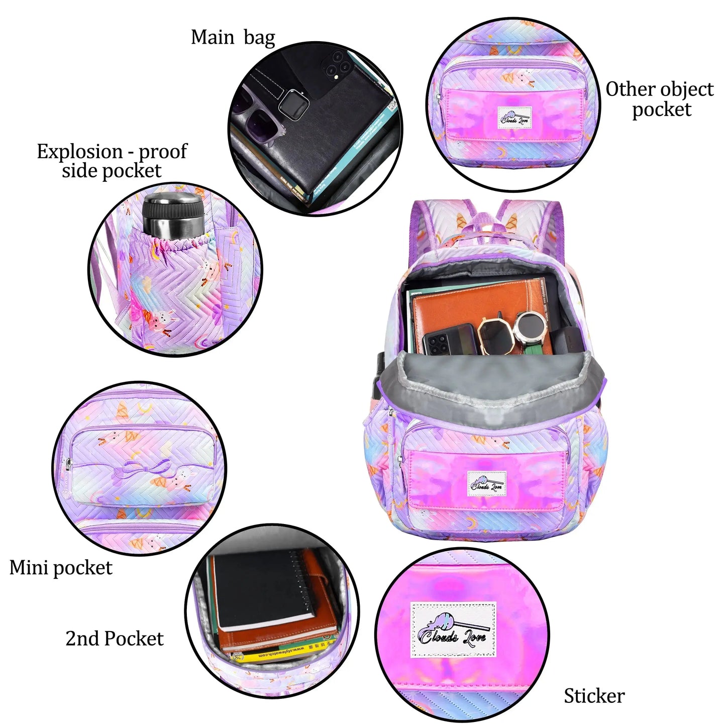 Clouds Love School Bag for Girls Kids Stylish Waterproof Girls School Bag Fashionable Large Capacity School Backpack for Girls Gift School Bag for Kids Girls (6-12 Years Old)Purple optima-bags